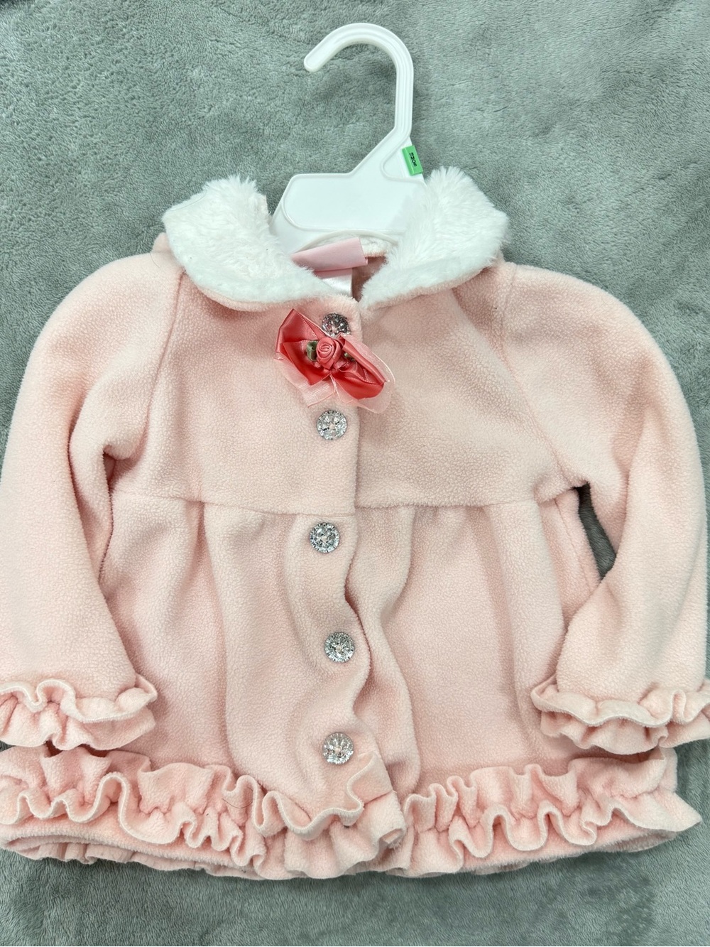 Little Lass Soft Pink Ruffle-Trim Peacoat with Faux Fur Collar